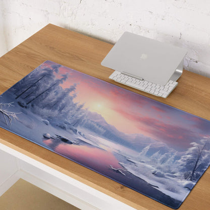 Winter snowy forest sunset gaming mousepad with pink purple sky
