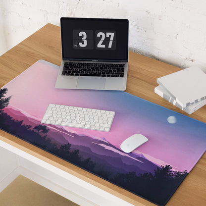 Pastel pink purple sunset mountain gaming mouse pad with non-slip backing