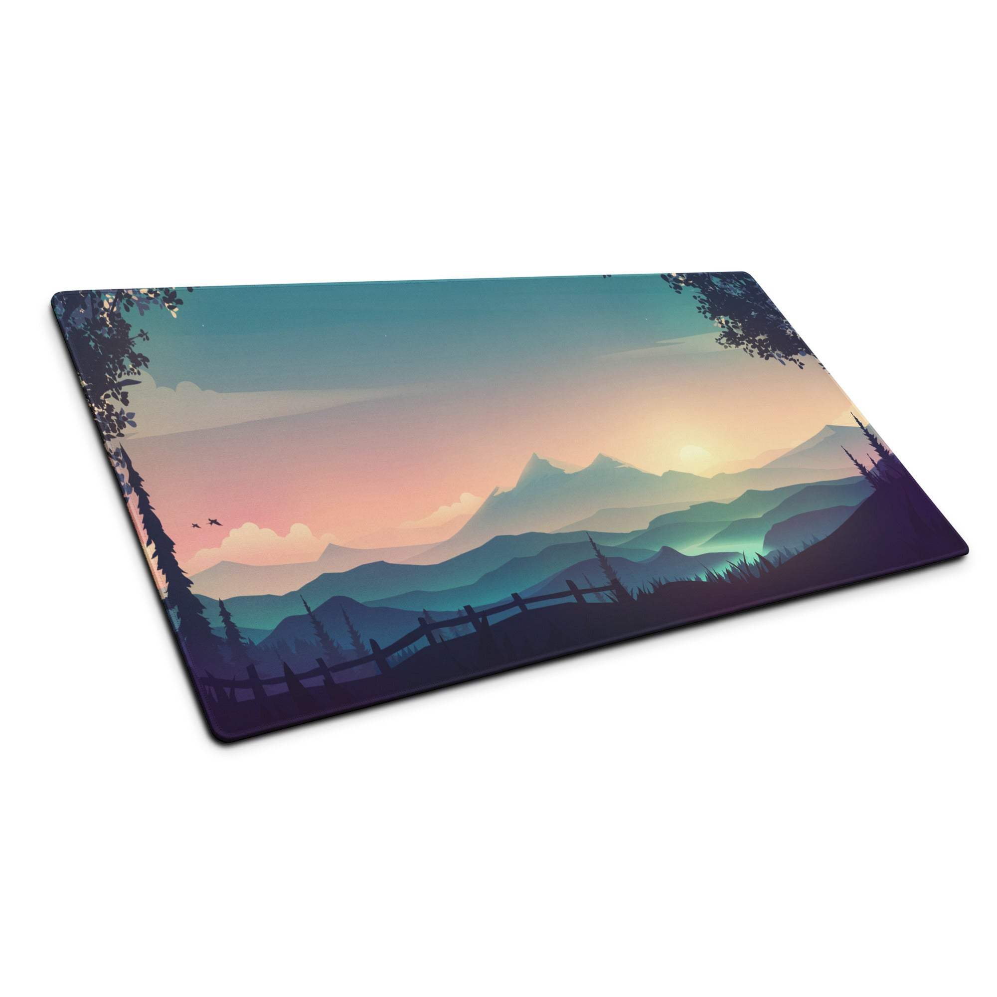 Serene mountain sunset gaming mouse pad in pastel pink orange teal hues