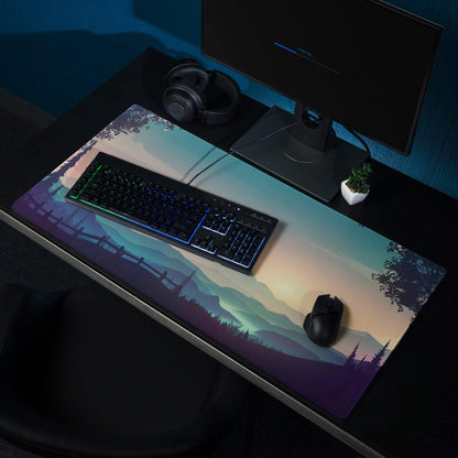 Serene Mountain Sunset gaming mouse pad with purple-teal-orange landscape, non-slip base, stitching