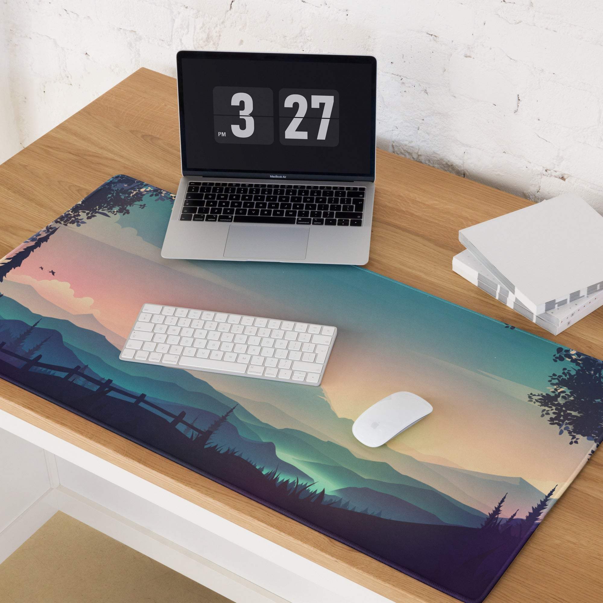 Serene mountain sunset gaming mousepad with pink-to-teal gradient sky