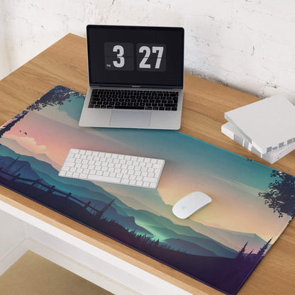 Serene mountain sunset gaming mousepad with pink-to-teal gradient sky