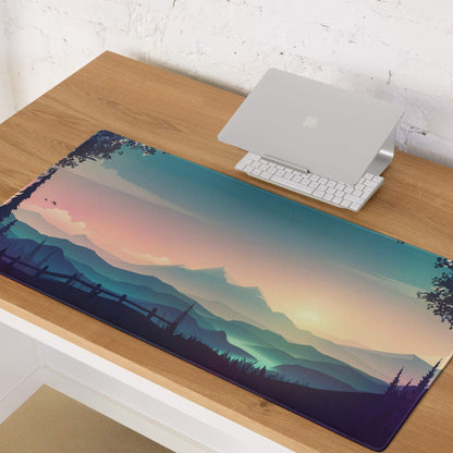 Serene Mountain Sunset gaming mouse pad with non-slip base and edge stitching