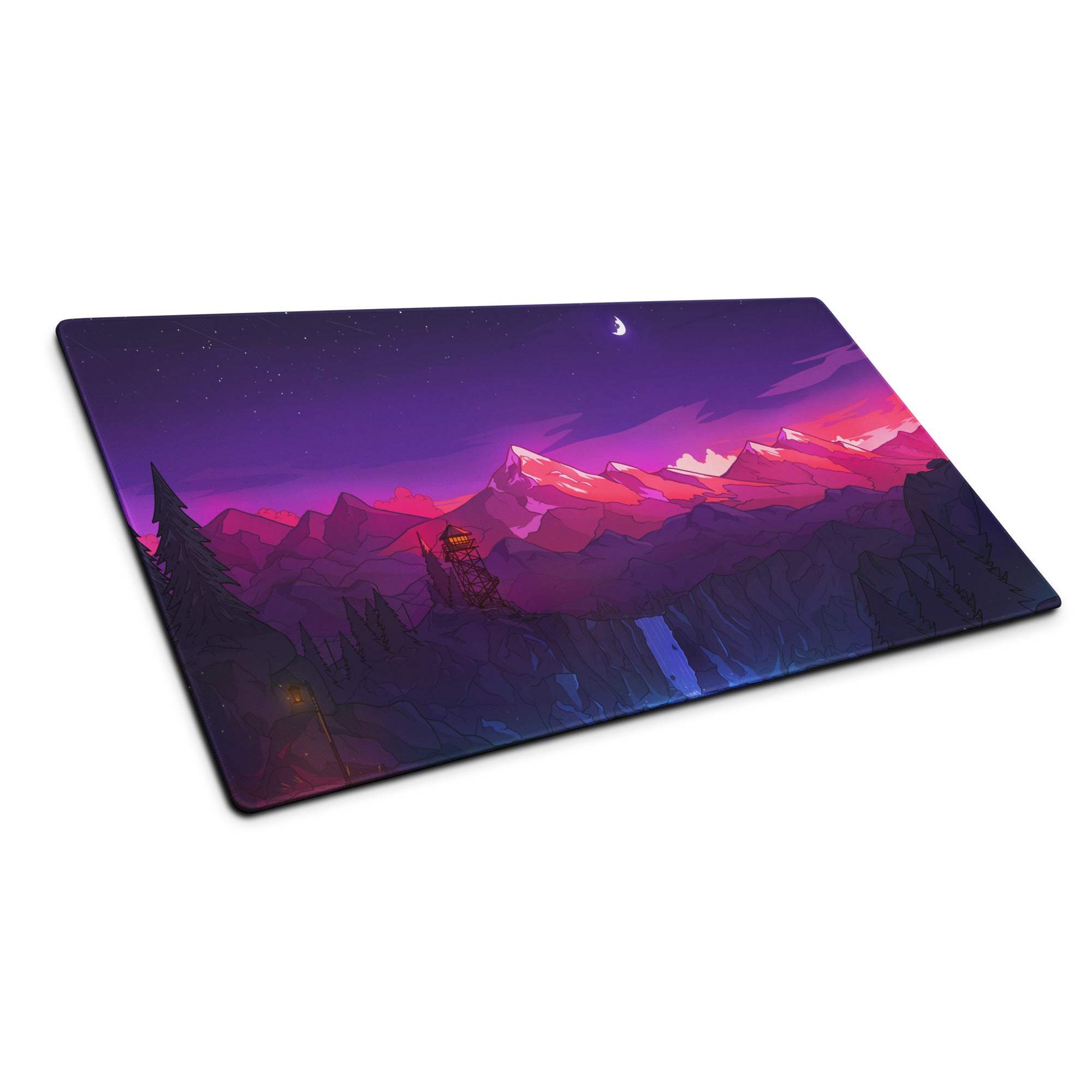 Vibrant purple pink mountain night sky gaming mouse pad with moon stars