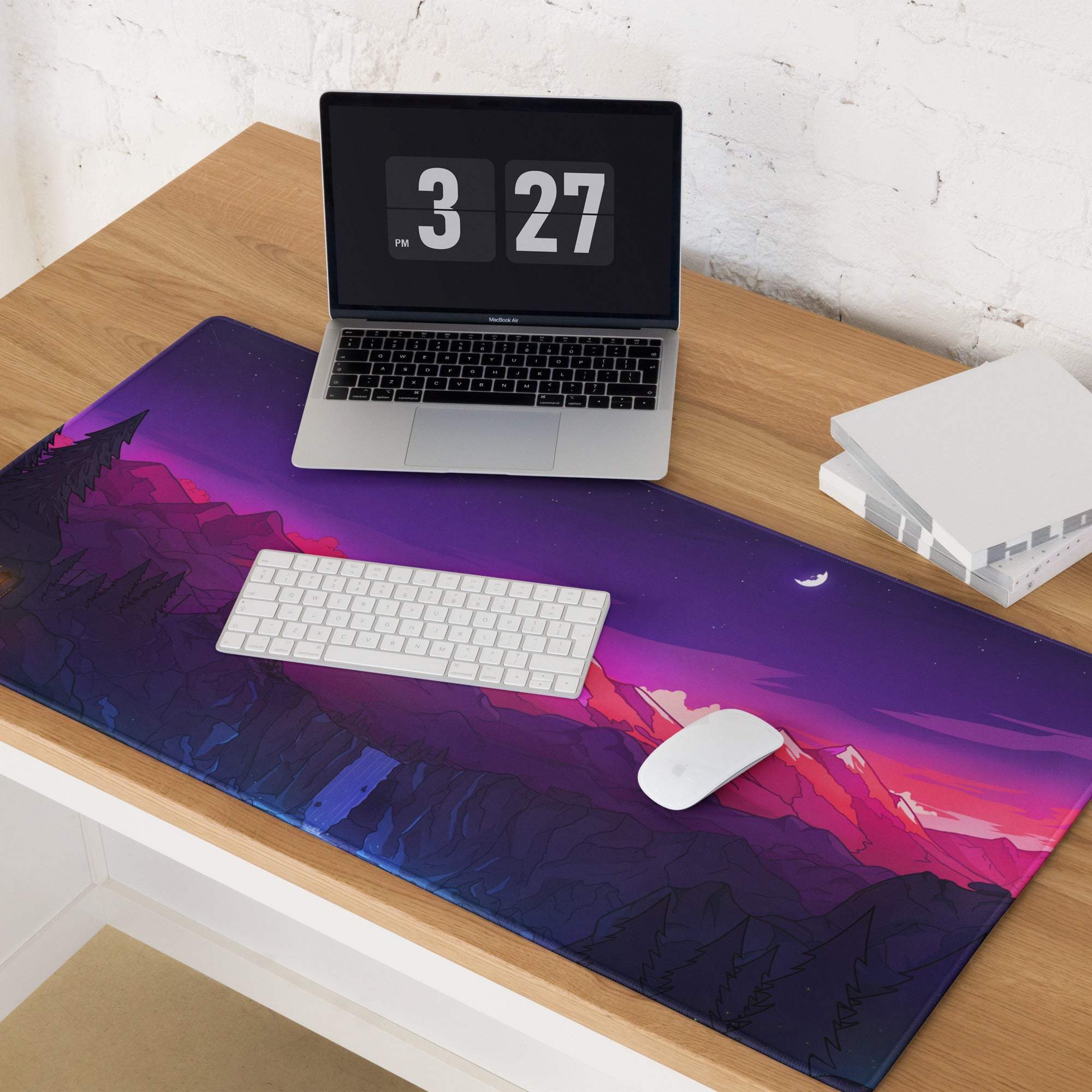 Vibrant purple pink mountain night sky gaming mousepad with crescent moon