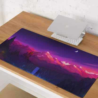 Vibrant purple pink mountain night sky gaming mousepad with crescent moon