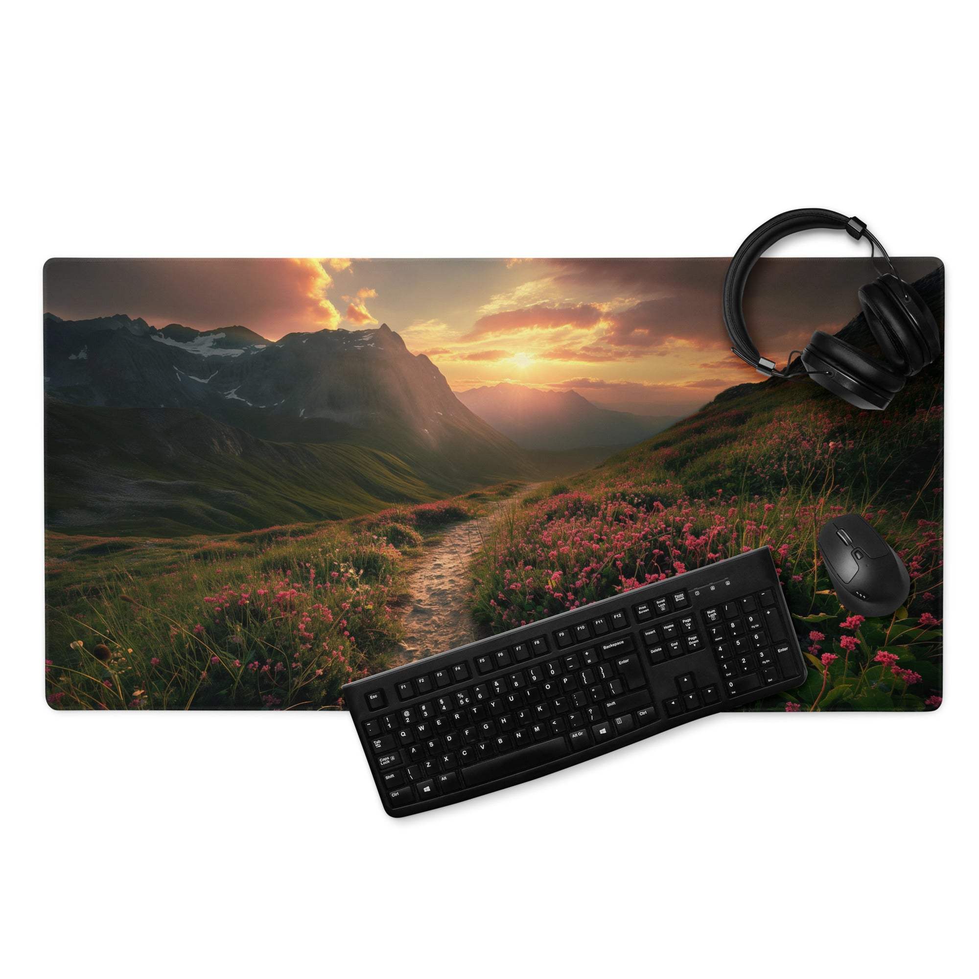 Epic Sunset Mountain Landscape With Flower Field Gaming Mouse Pad