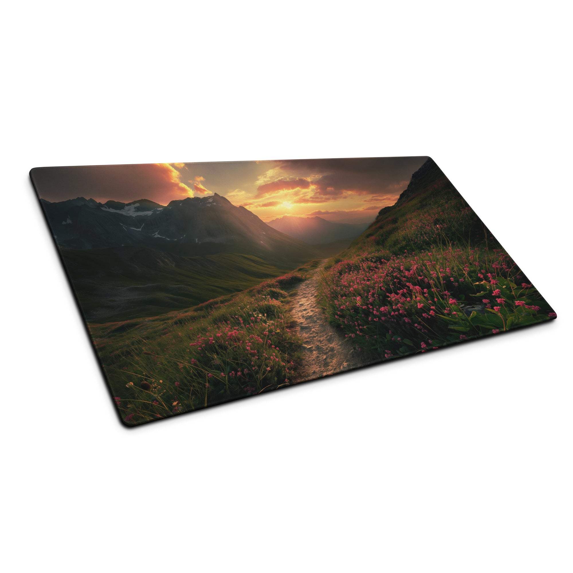 Epic sunset mountain landscape with pink wildflowers gaming mouse pad