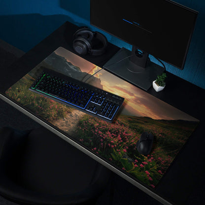 Epic sunset mountain landscape with flower field gaming mouse pad