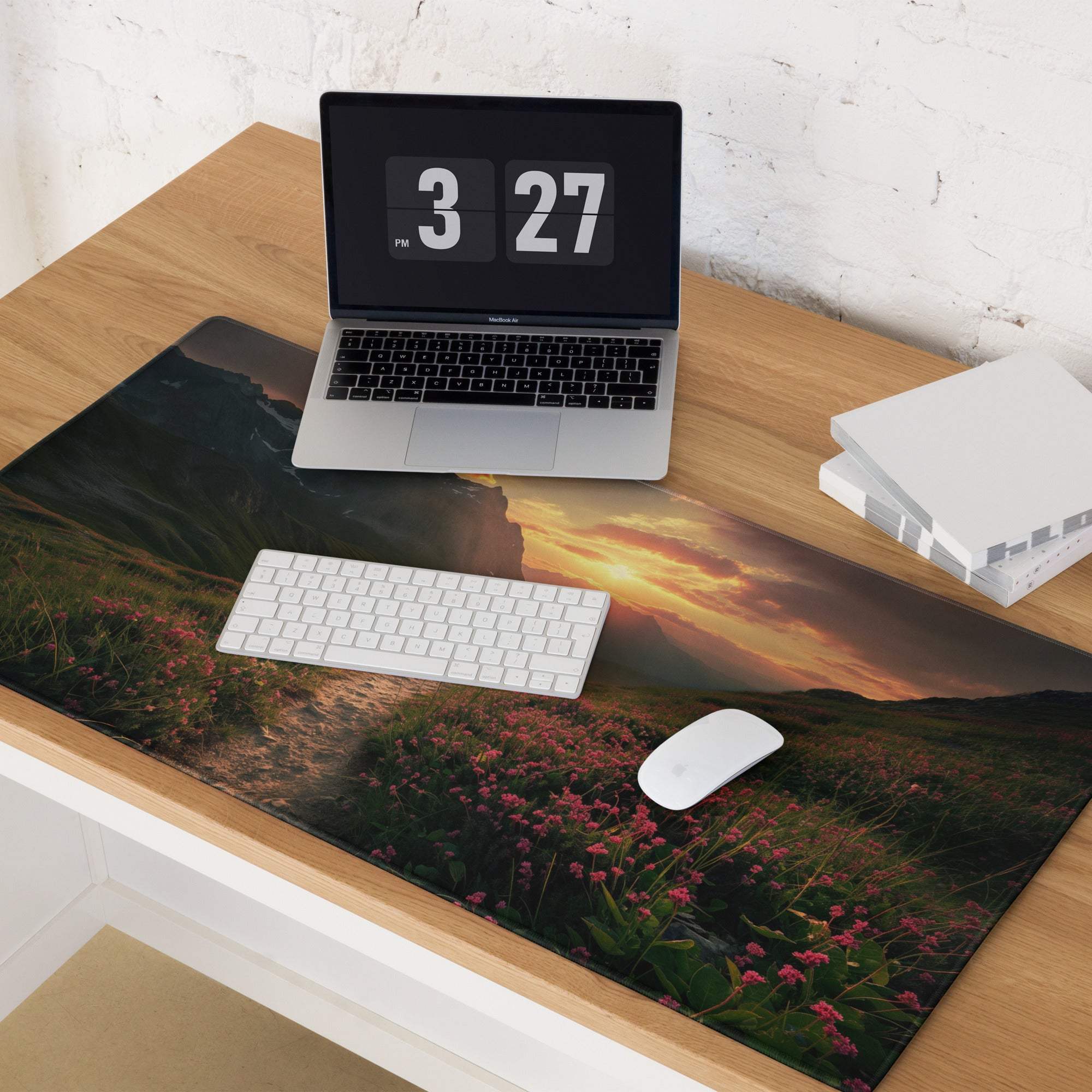 Epic sunset mountain landscape with pink wildflower field gaming mouse pad