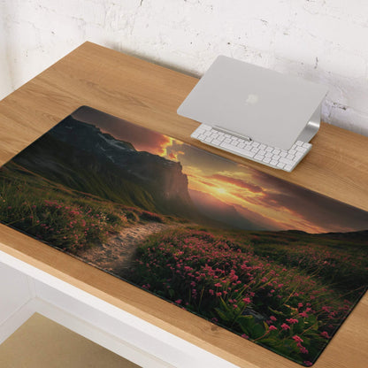 Epic sunset mountain landscape with flower field gaming mouse pad