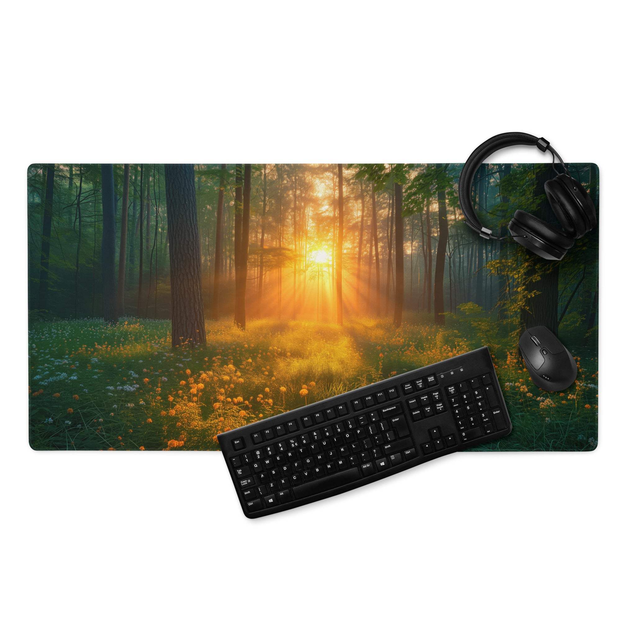 Large forest sunrise gaming mouse pad with trees, mist, non-slip base