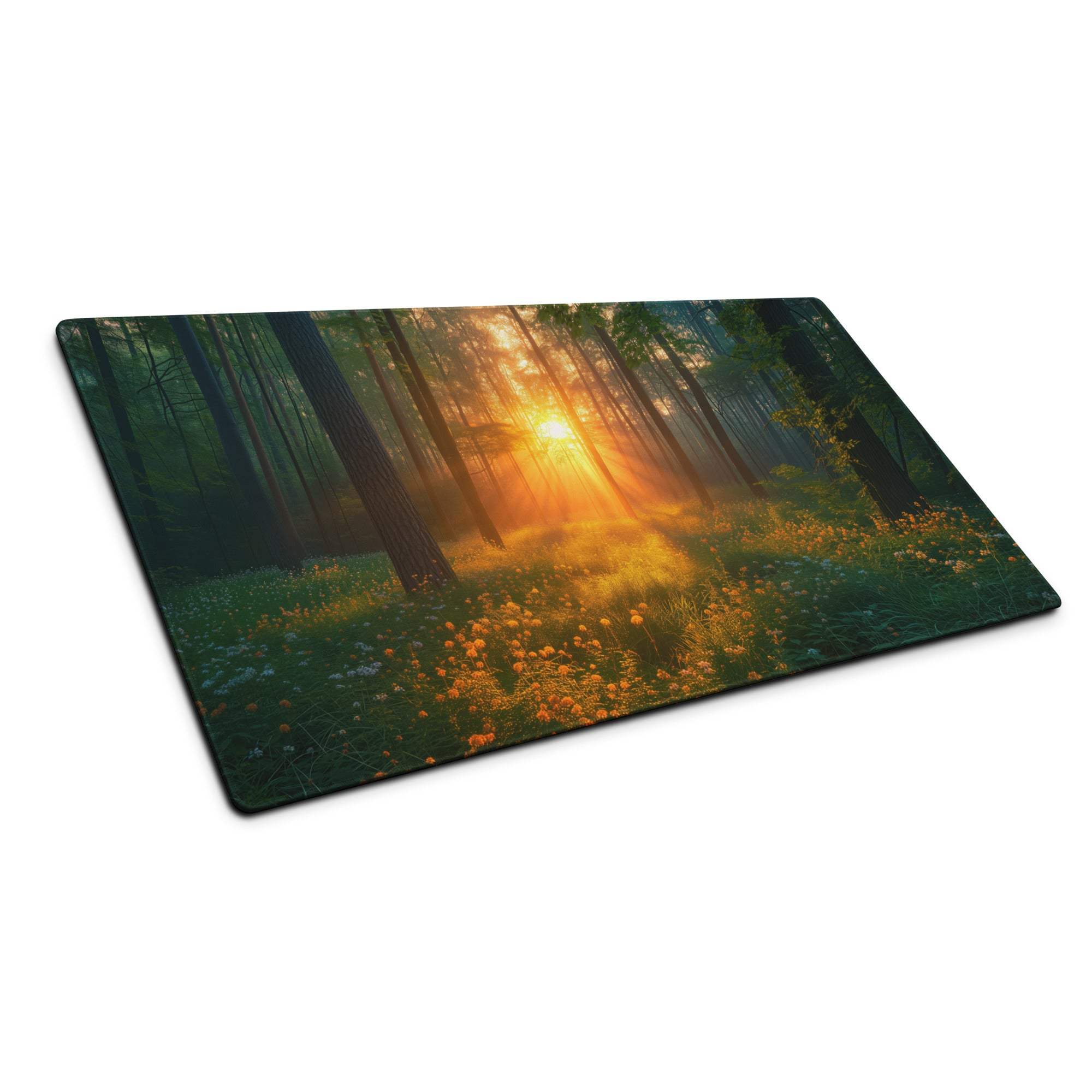 Forest sunrise gaming mouse pad with vivid trees, sunlight, orange flowers