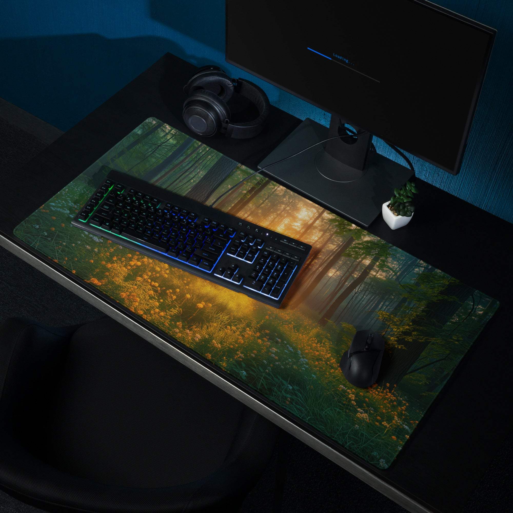 Forest Sunrise large gaming mouse pad with vivid forest scene and non-slip base