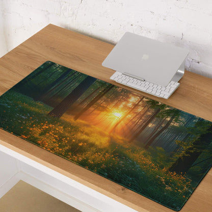 Forest Sunrise large gaming mousepad with sunset trees and non-slip base