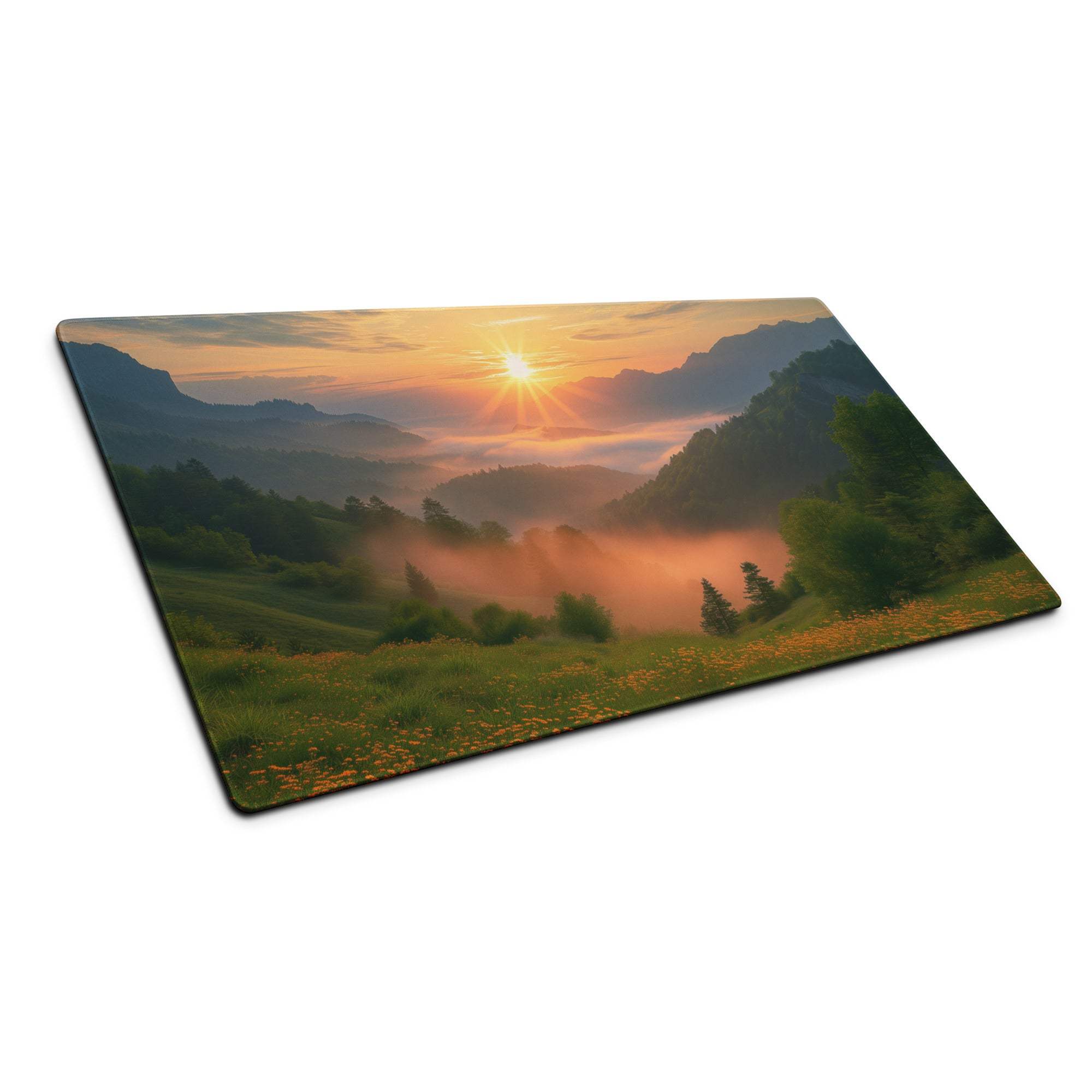 Epic golden hour sunrise mountain landscape on large gaming mouse pad