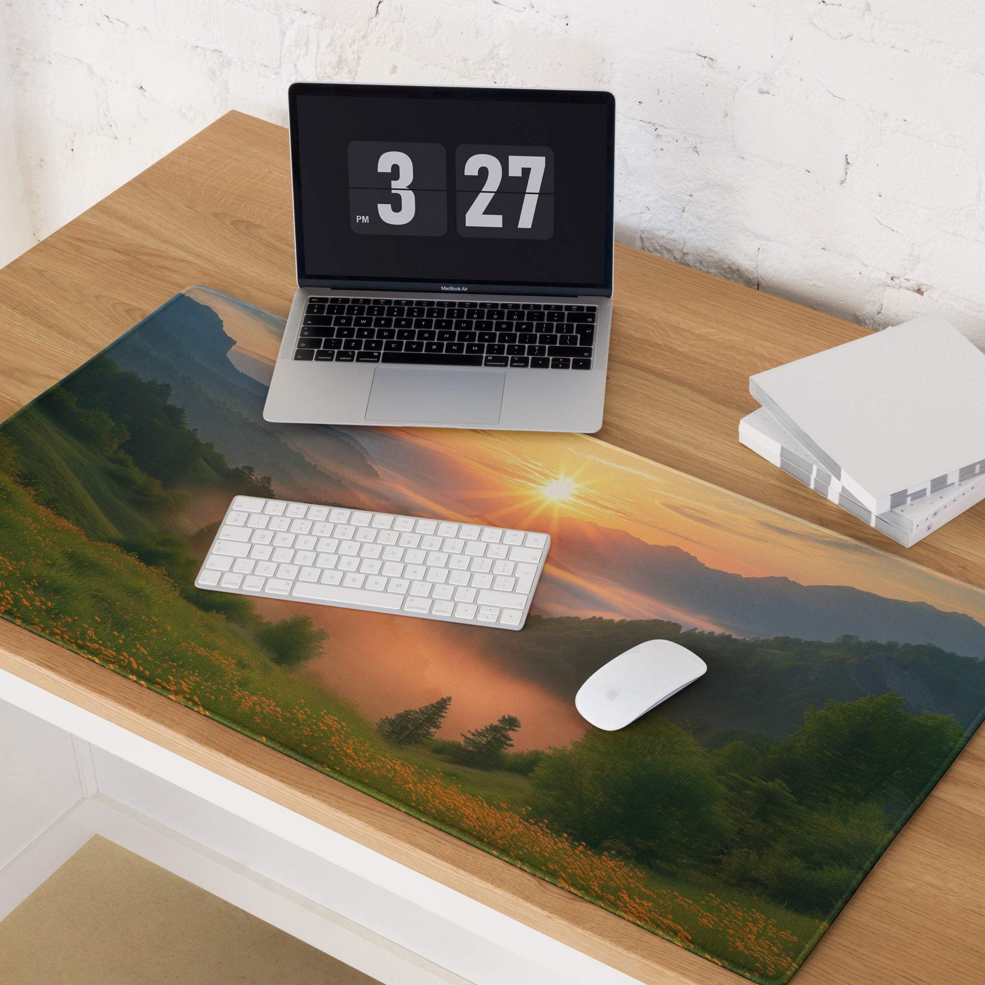 Epic golden hour sunrise mountain gaming mouse pad with sunset hills and non-slip backing
