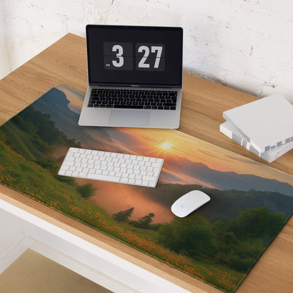 Epic golden hour sunrise mountain gaming mouse pad with sunset hills and non-slip backing