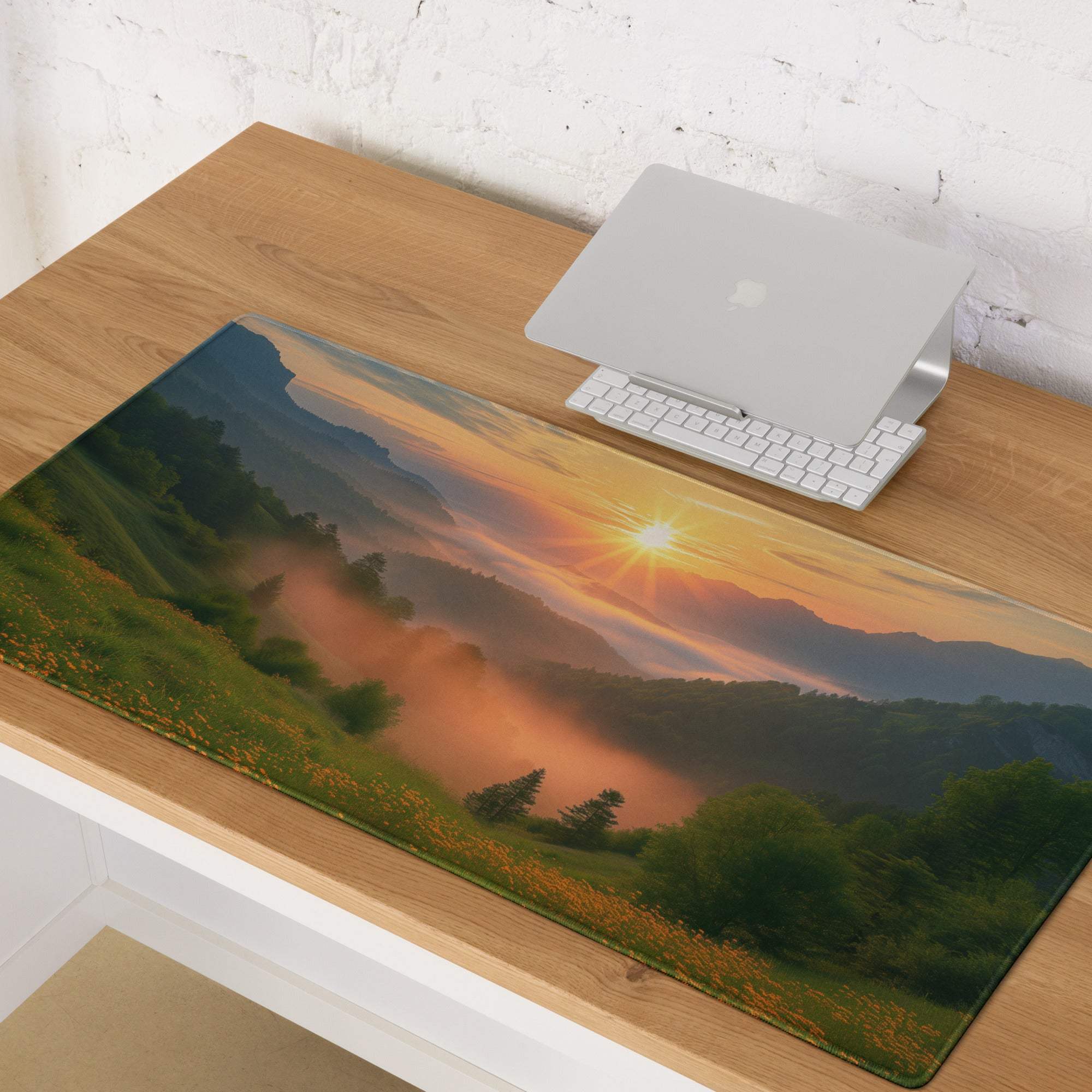 Epic golden hour sunrise mountain gaming mouse pad with non-slip backing