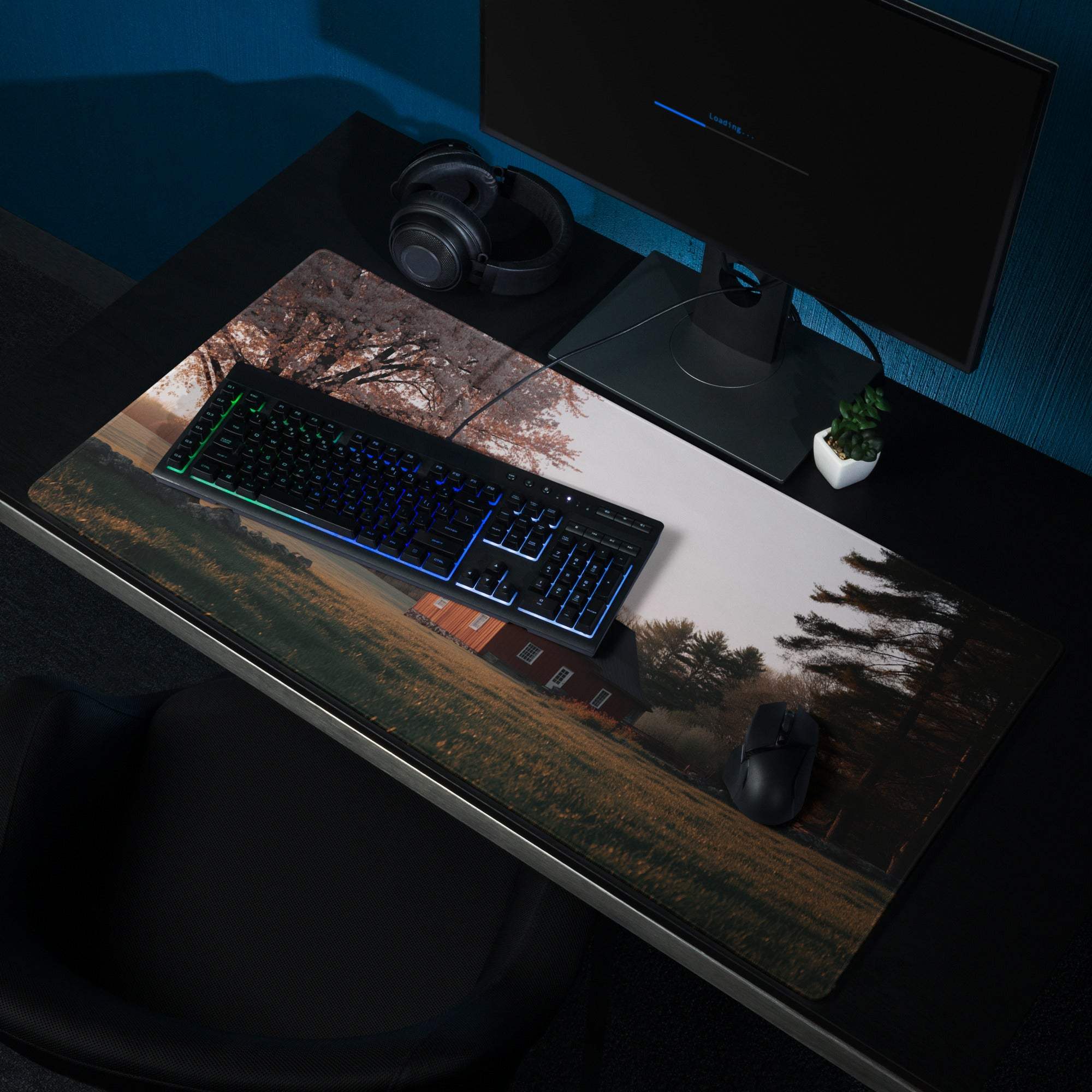 Pastoral autumn landscape gaming mouse pad with rustic barn scene
