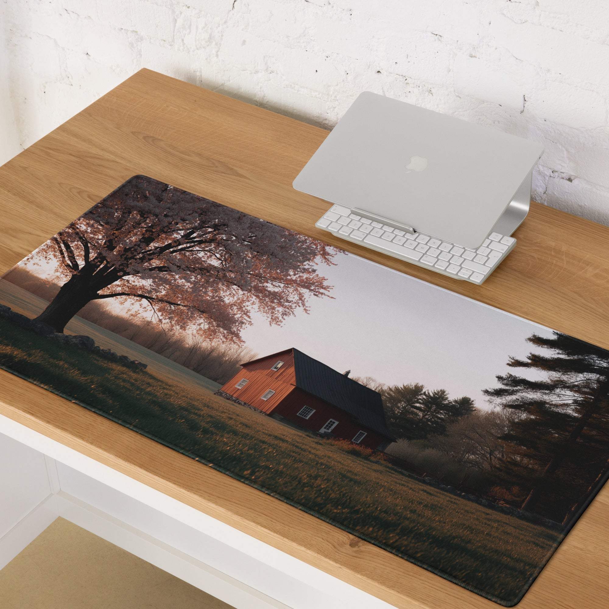 Pastoral autumn red barn gaming mouse pad desk mat with non-slip base