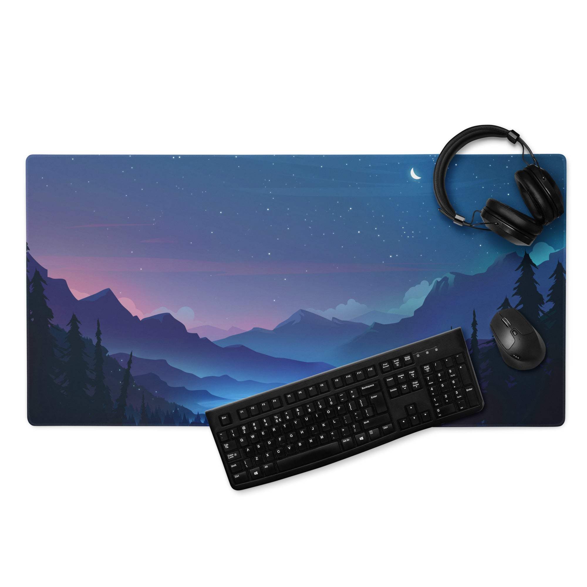 Night sky mountain gaming mouse pad with blue purple peaks, moon, stars, pines