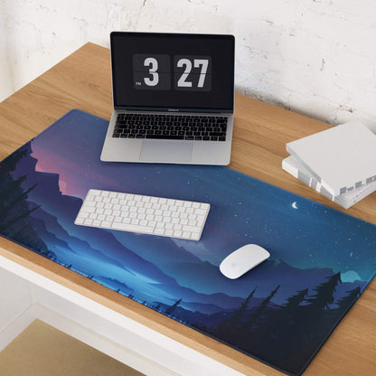 Vibrant blue purple mountain landscape gaming mouse pad with crescent moon, non-slip base
