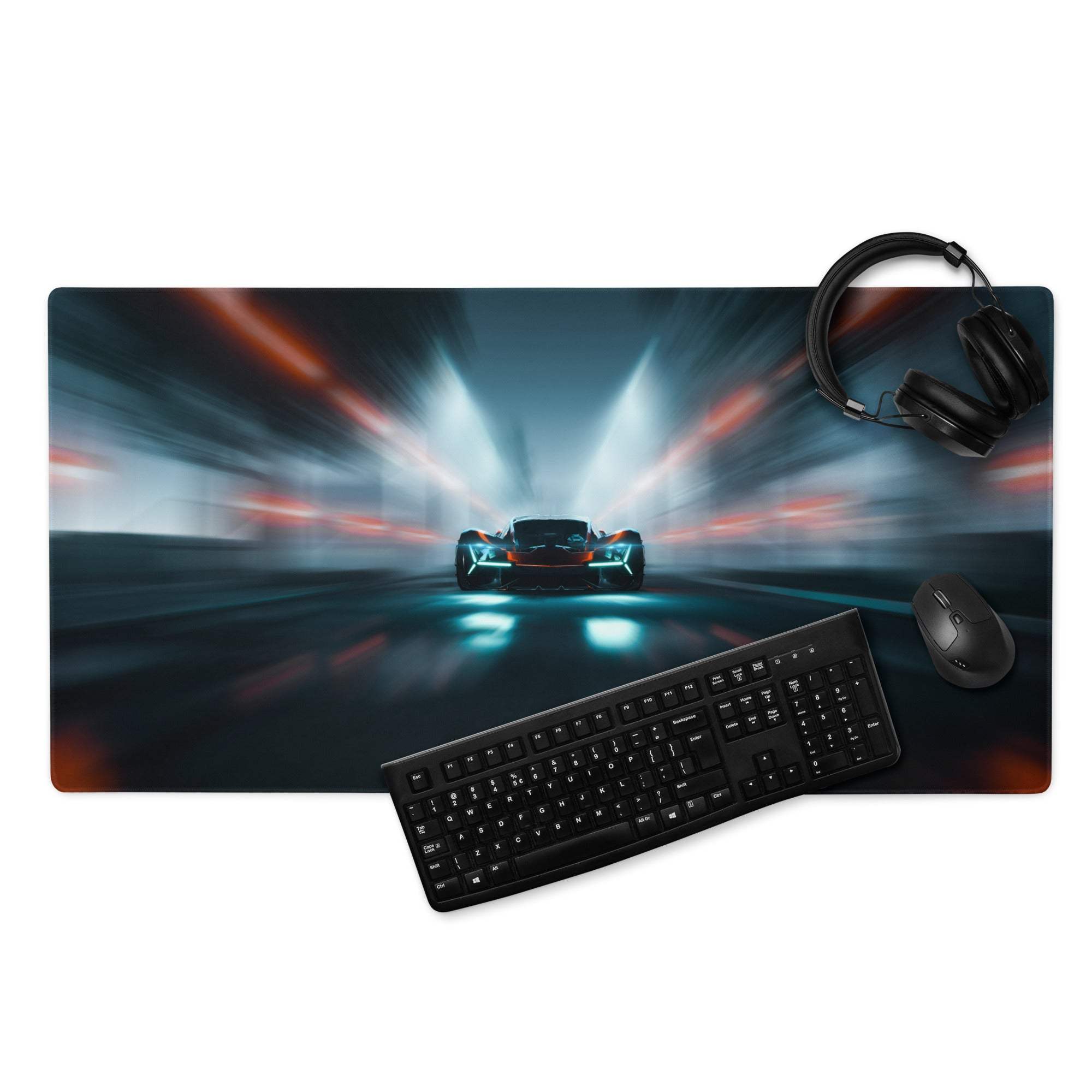 Cyberpunk neon car race gaming mouse pad with keyboard and mouse