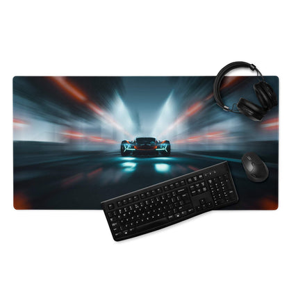 Cyberpunk neon car race gaming mouse pad with keyboard and mouse