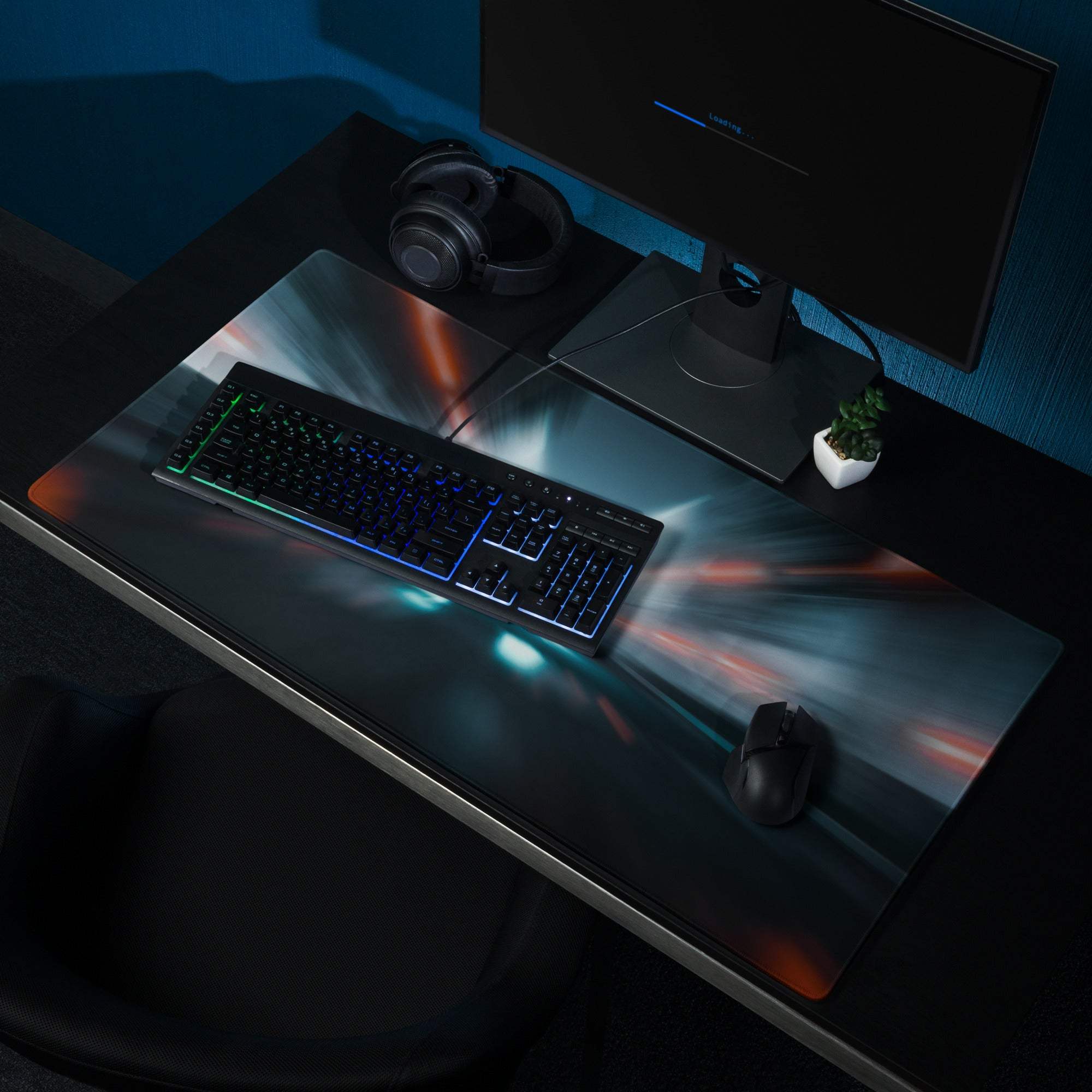 Cyberpunk neon car race gaming mouse pad with blue orange light streaks