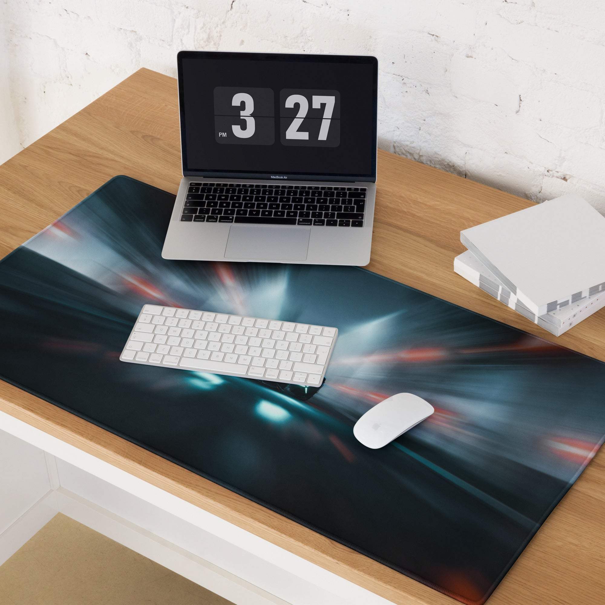 Cyberpunk neon car race gaming mouse pad with cosmic swirls in blue and red