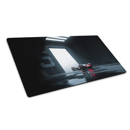 Black rectangular gaming mousepad with glossy red black sports car in dim garage