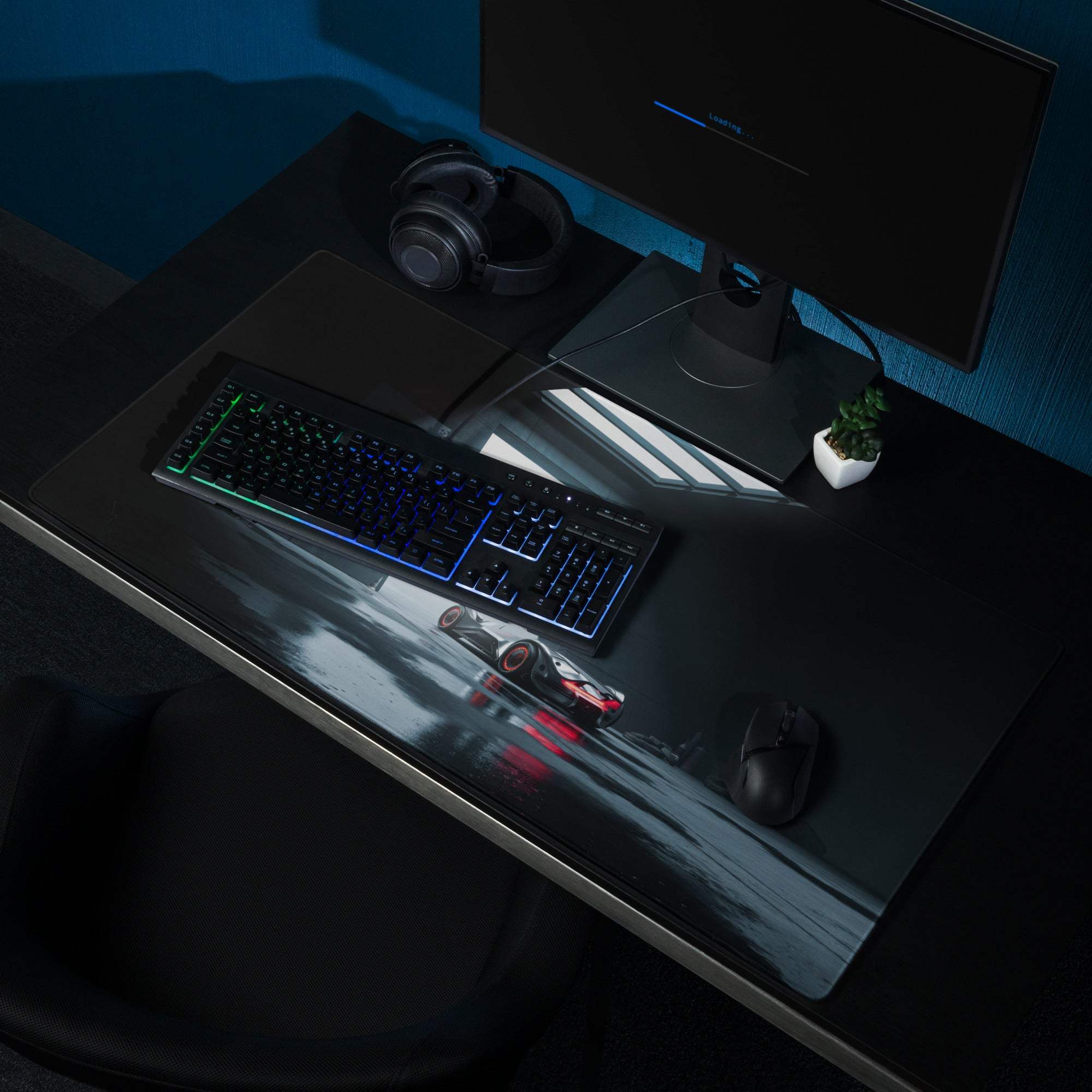 Moody Blue black racing car gaming mouse pad with red accents glossy finish