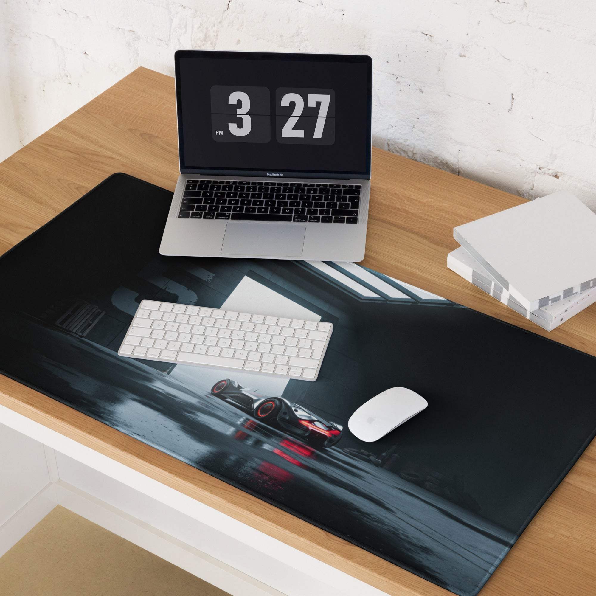 Moody Blue black racing car gaming mousepad with glossy finish, red lights