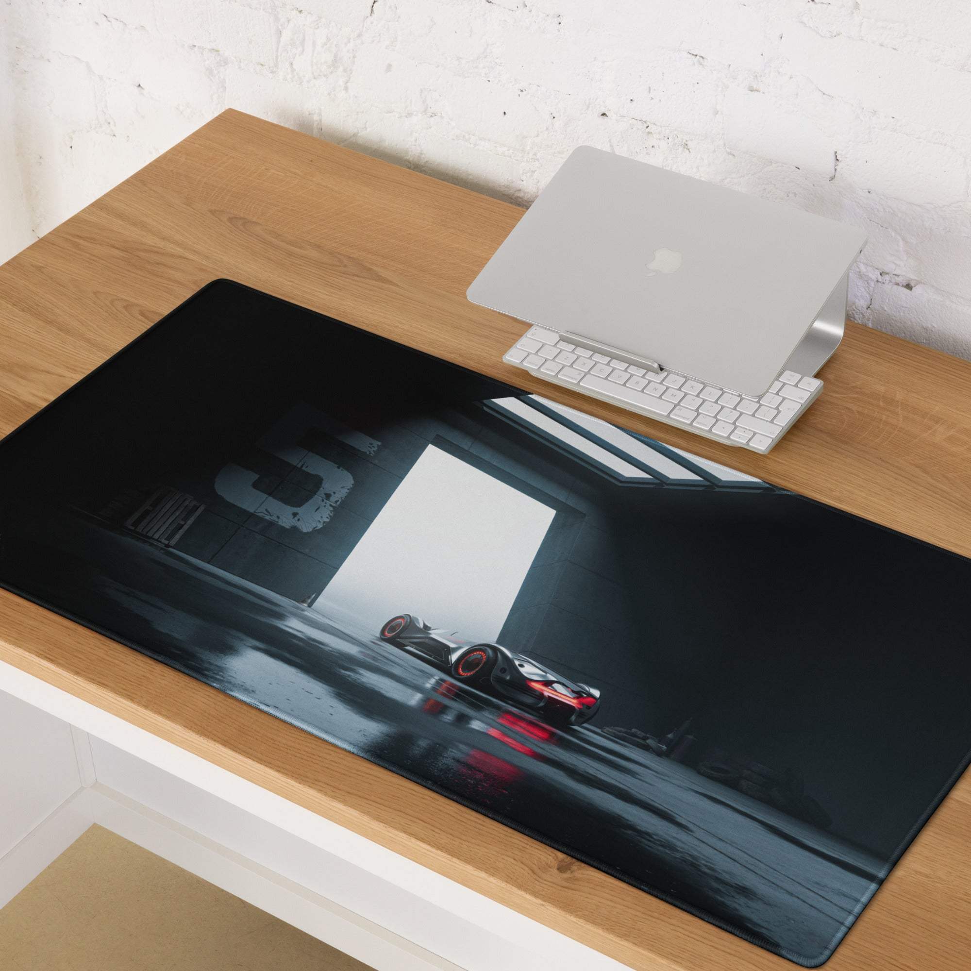Moody Blue red black racing car gaming mouse pad in dim garage lighting