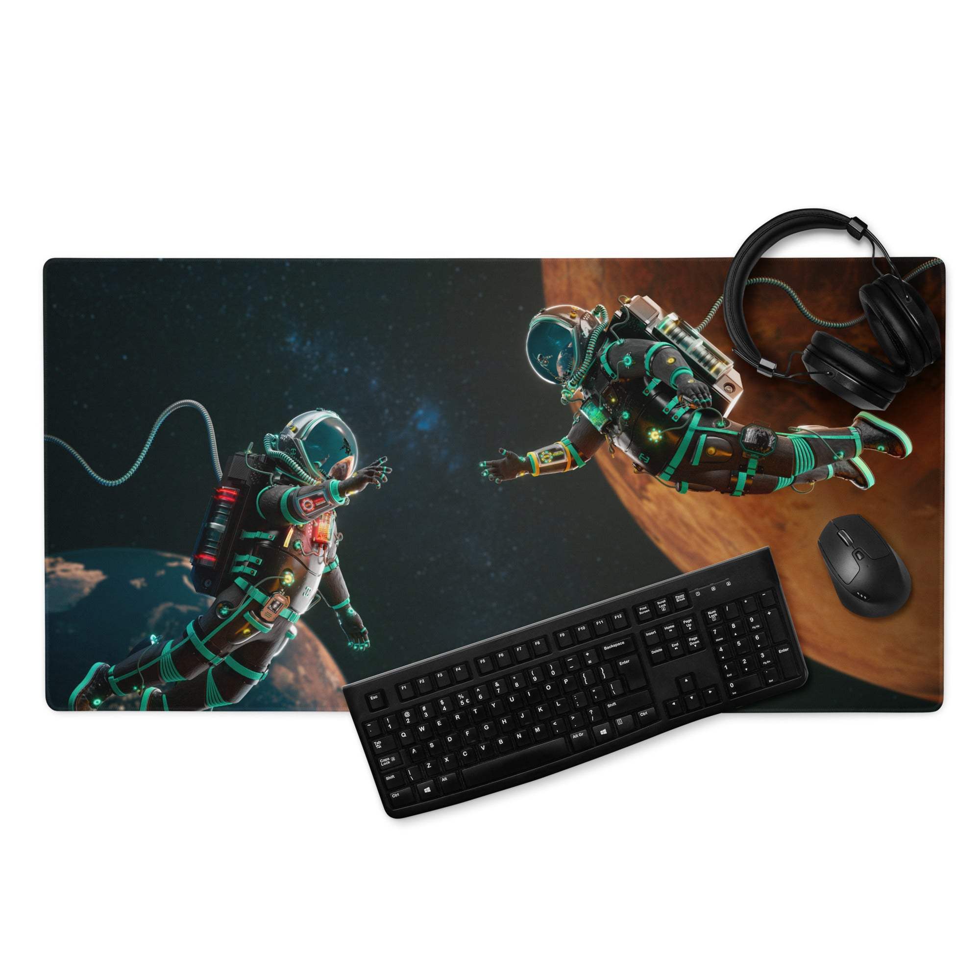 Large space astronaut adventure gaming mousepad with floating astronauts, planets, non-slip base, edge stitching