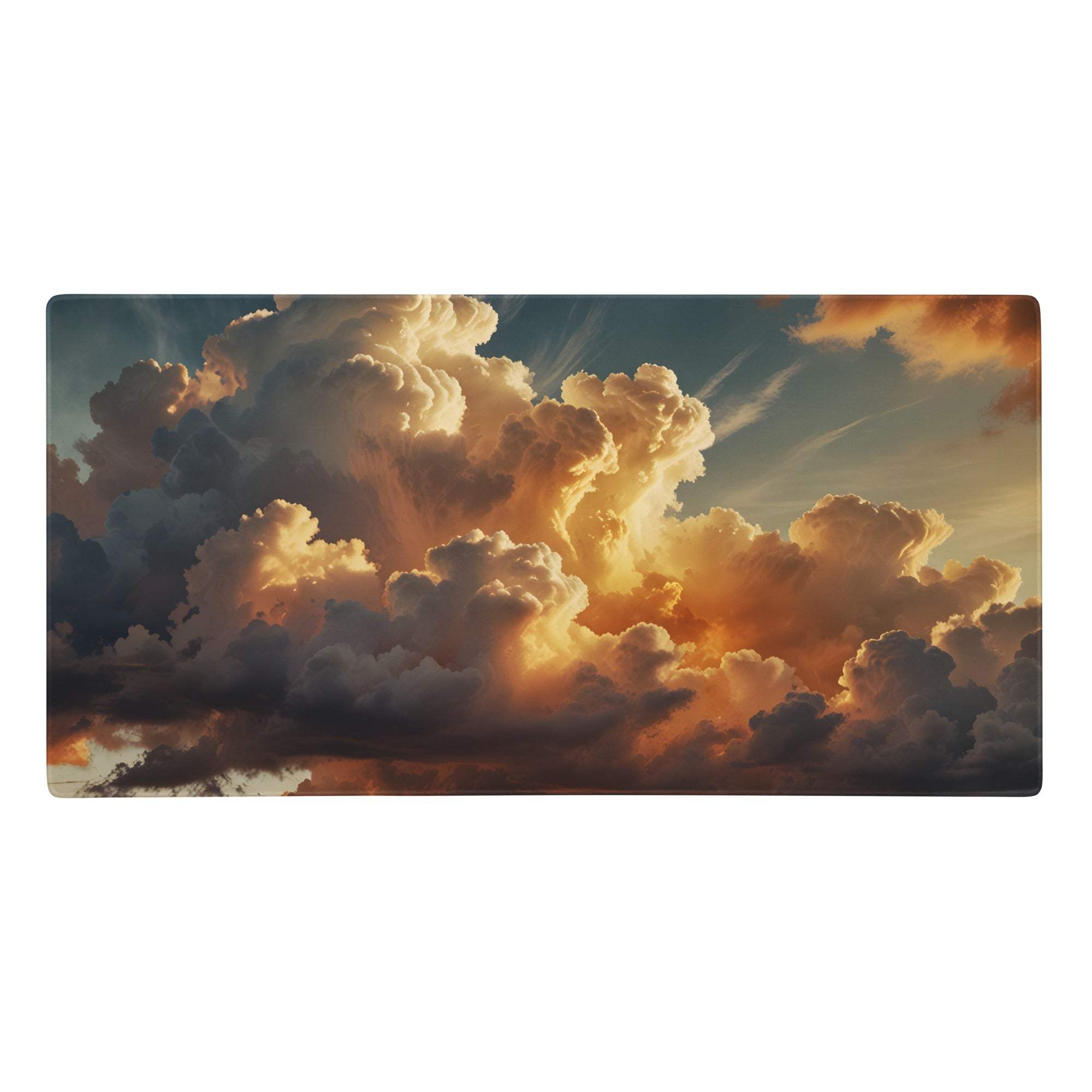 Rectangular gaming mouse pad with golden cloud sunset design on blue and orange gradient for modern desk decor