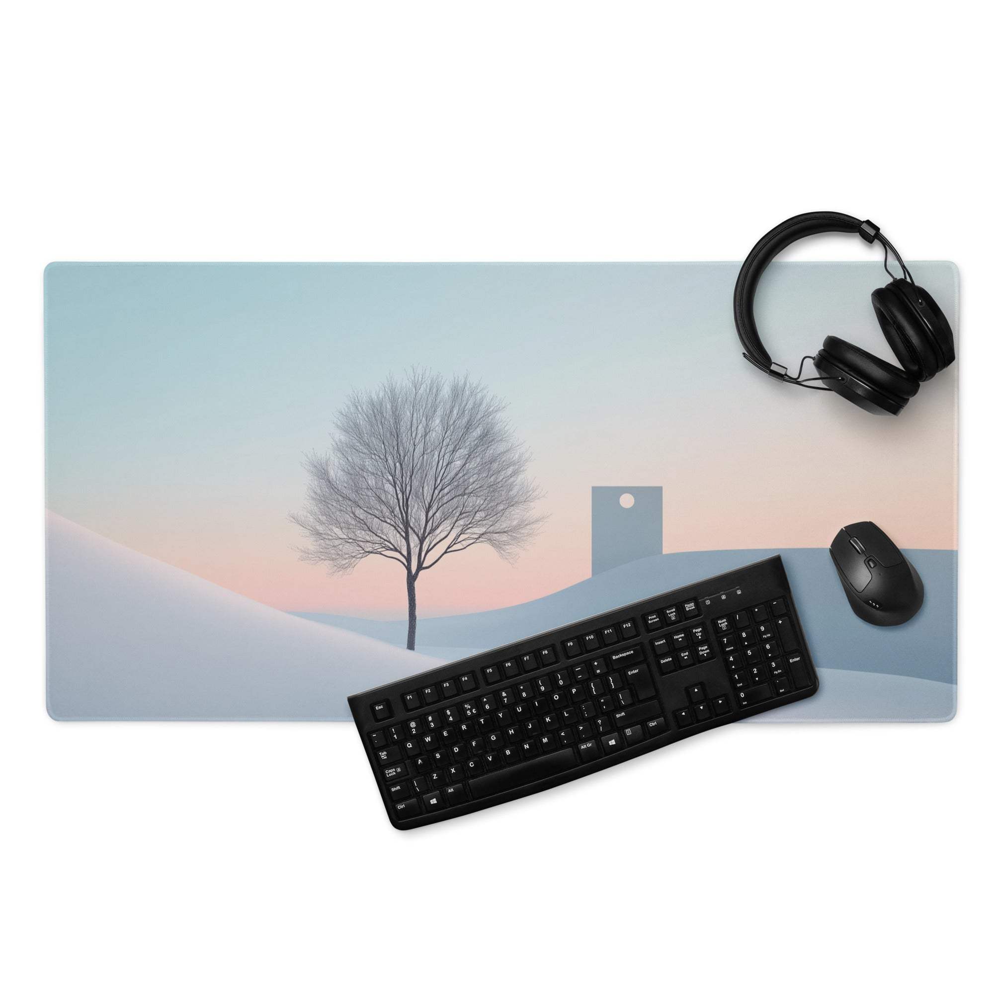 Calm winter landscape gaming mouse pad with large size, edge stitching, non-slip base