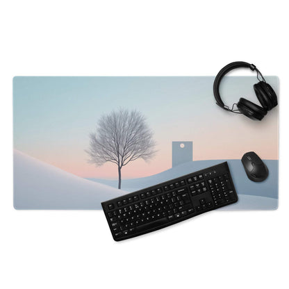 Calm winter landscape gaming mouse pad with large size, edge stitching, non-slip base