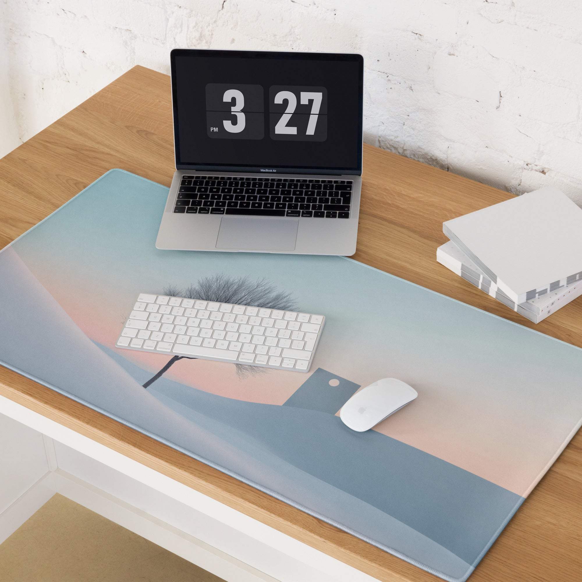 Calm winter landscape gaming mouse pad with pastel gradient mountains, large stitched edges, non-slip base