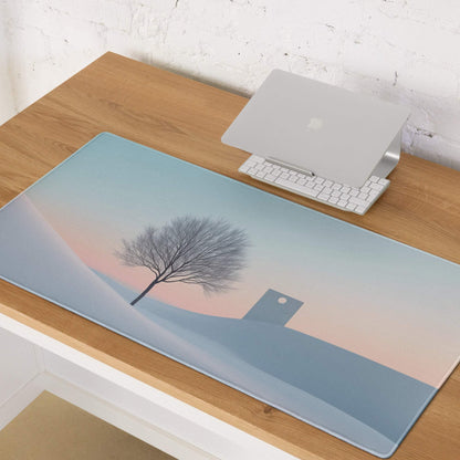 Calm winter landscape gaming mouse pad with minimalist tree, large stitched edges