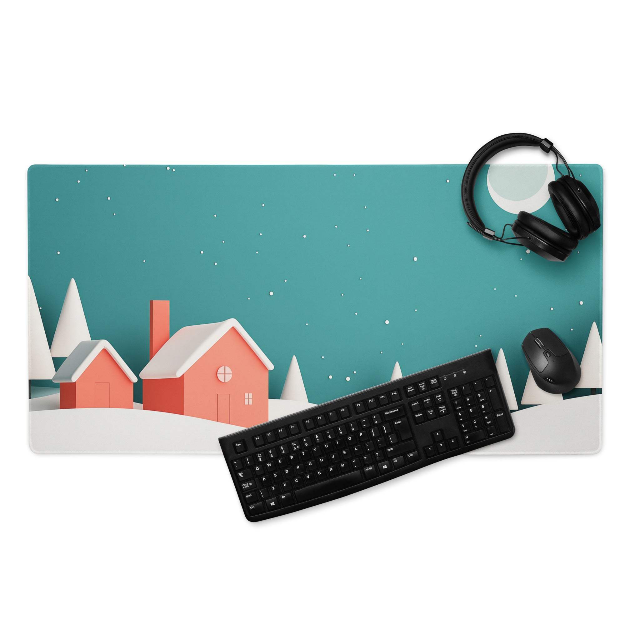 Cozy winter teal gaming mousepad with village night scene and non-slip base
