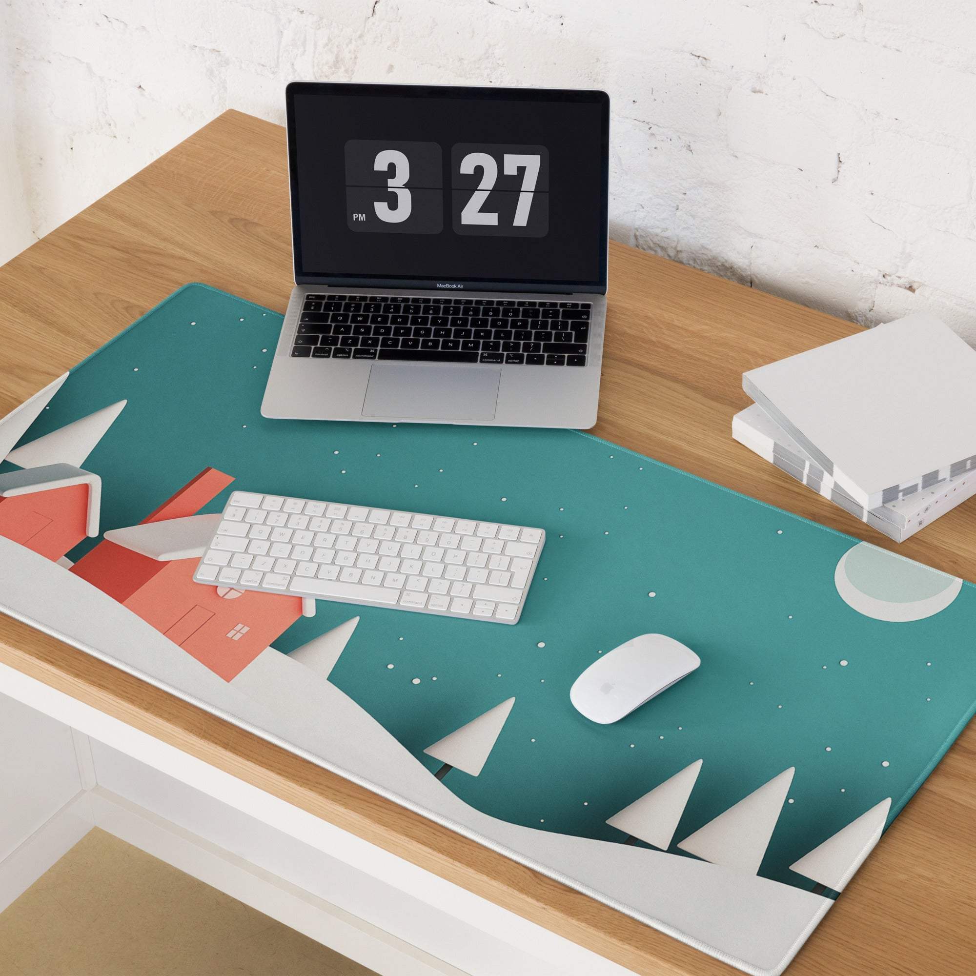 Teal cozy winter gaming mouse pad with geometric houses, snow trees, moon
