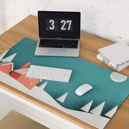 Teal cozy winter gaming mouse pad with geometric houses, snow trees, moon