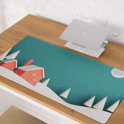 Teal cozy winter night scene gaming mouse pad with snow trees houses stars
