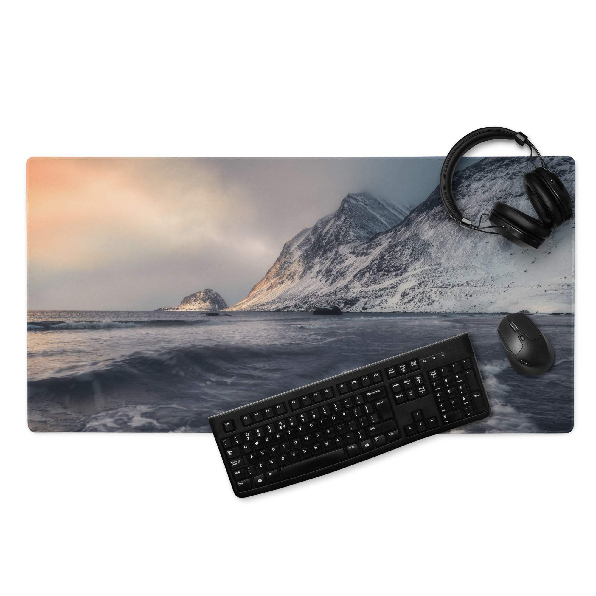 Arctic Snow Mountain Ocean large gaming mouse pad with coastal landscape