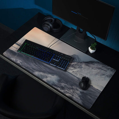 Black and white Arctic Snow Mountain large gaming mouse pad with gradient sky