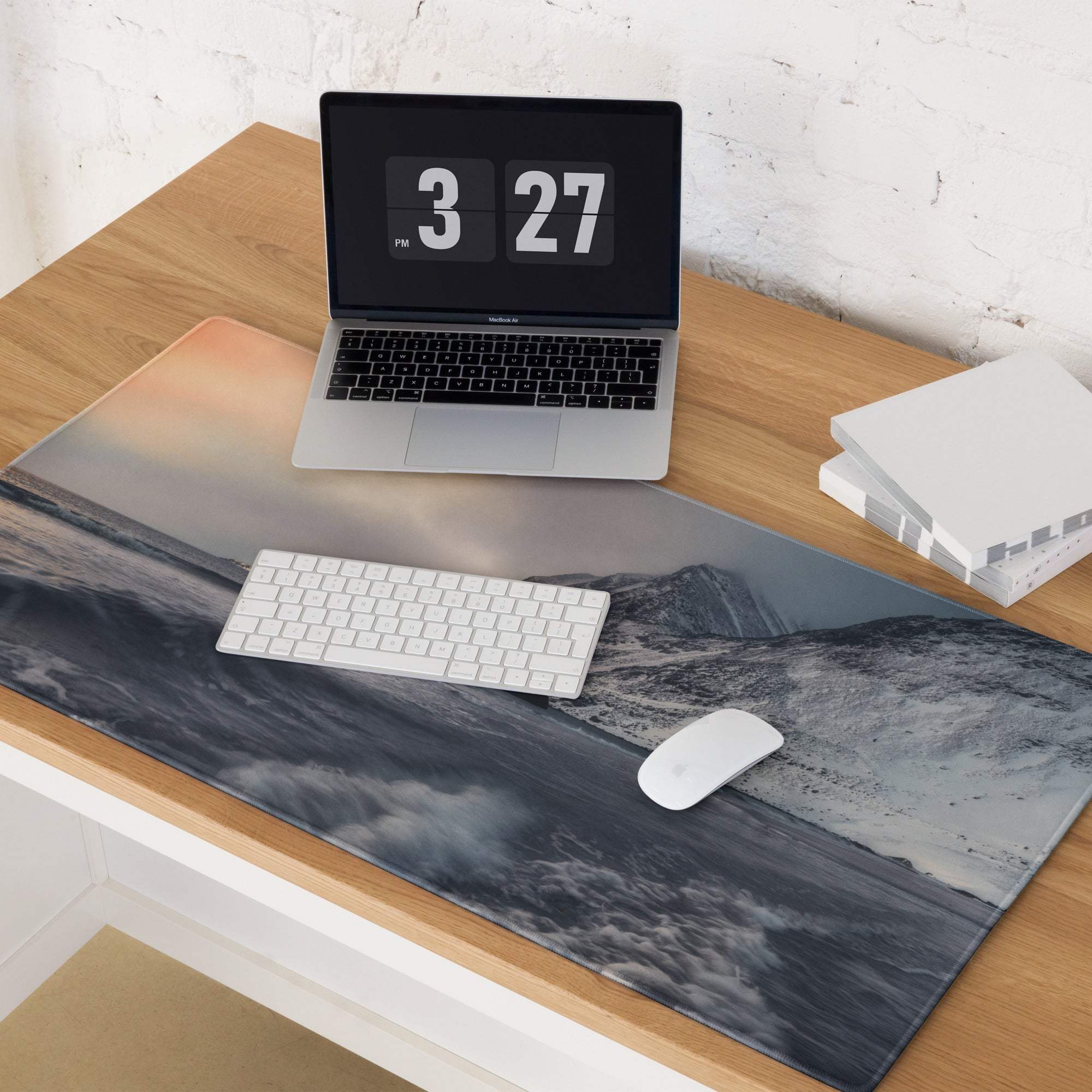 Arctic Snow grayscale mountain ocean large gaming desk mat