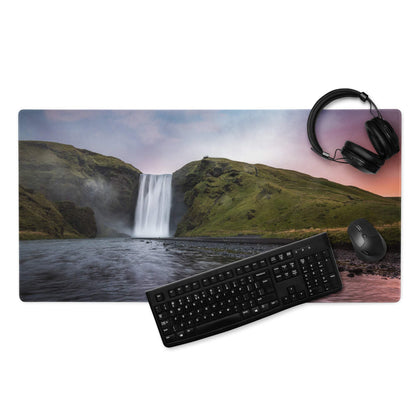 Premium large scenic sunset gaming mouse pad with waterfall print, headphones, keyboard