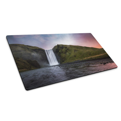 Premium large scenic sunset waterfall gaming mouse pad with non-slip backing